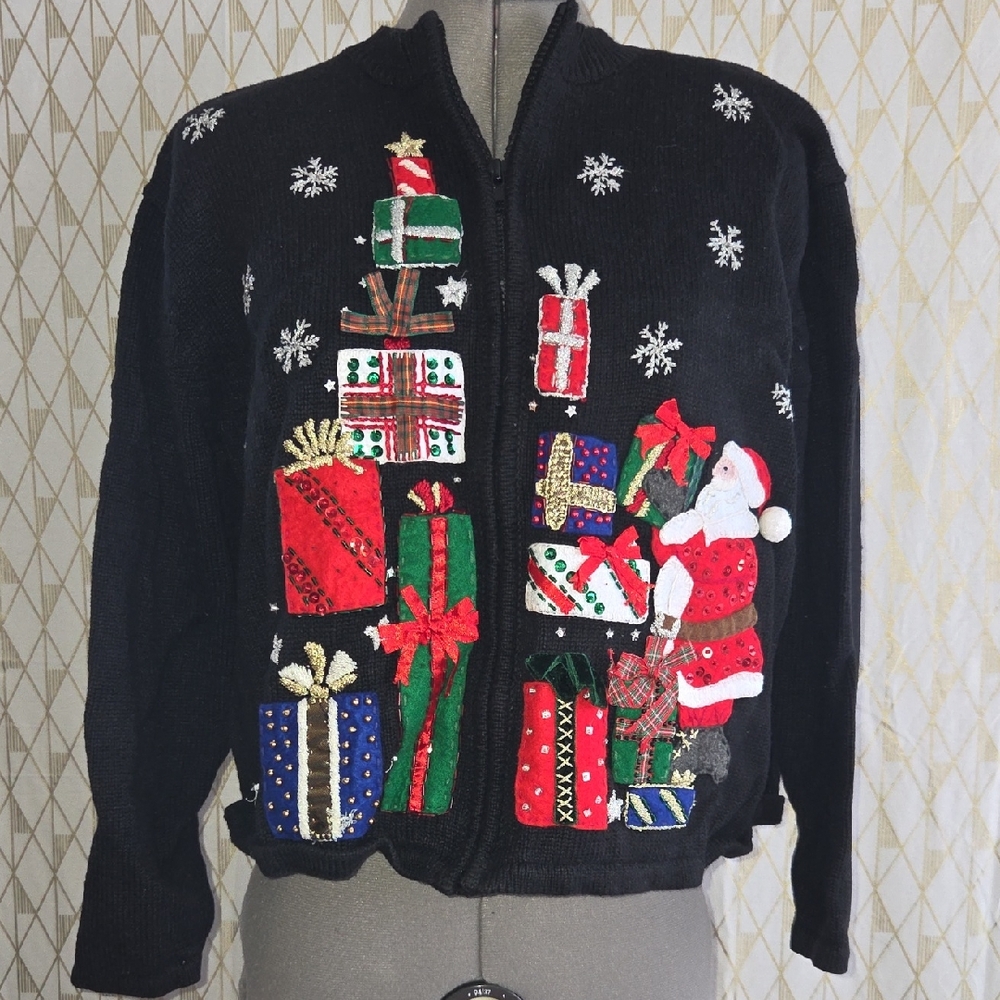 Vintage Holiday Santa & Presents Black Zip-Up Sweater